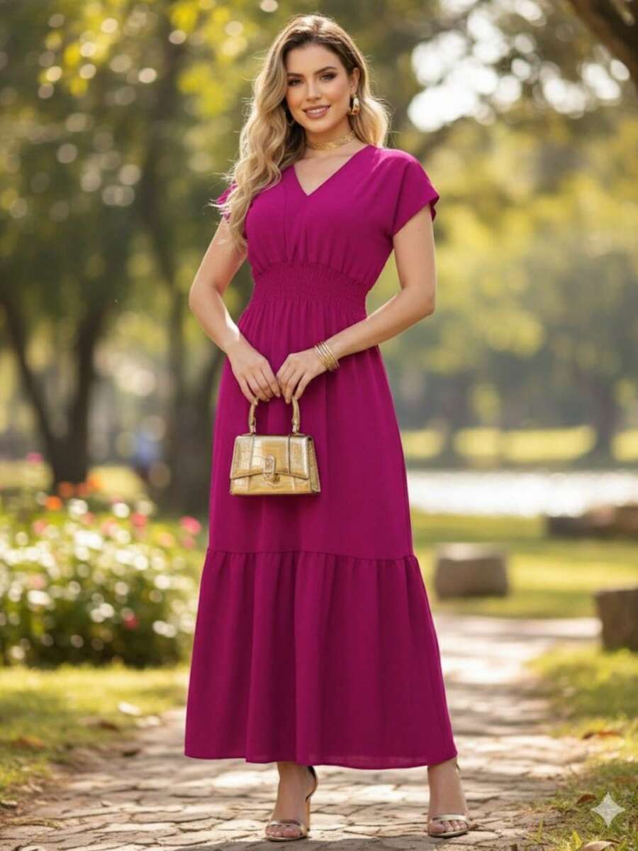 Elegant Women's Long V-Neck Dress With Elastic Waistband - Casual, Social, Comfortable, Versatile, For End Of Year, Work, And Parties - 玫瑰紅 - 查看 1