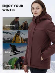 CAMEL CROWN Women's Waterproof Ski Jacket With Detachable Hood, Windproof Fleece Parka, Raincoat For Winter - Burgundy - View 2