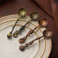 4件套复古海洋主题浮雕咖啡勺套装 - 创意海螺贝壳鱼形甜点搅拌勺，可收藏迷你鸡尾酒茶匙