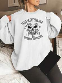 Plus Size Women's Crew Neck Sweatshirt With Positioning Print - White - View 1