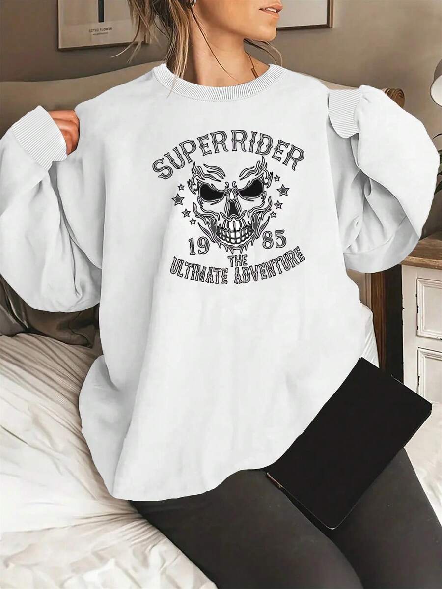 Plus Size Women's Crew Neck Sweatshirt With Positioning Print - White - View 1