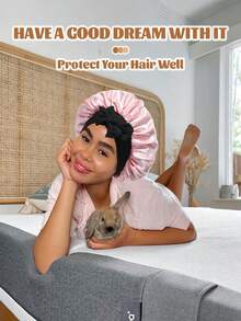 Satin Bonnet Satin Bonnet For Sleeping Satin Sleep Cap Double Layer Hair Bonnet With Elastic Tie Band For Curly Hair Night Cap (Black + Peach Pink) - 桃粉 - 查看 5