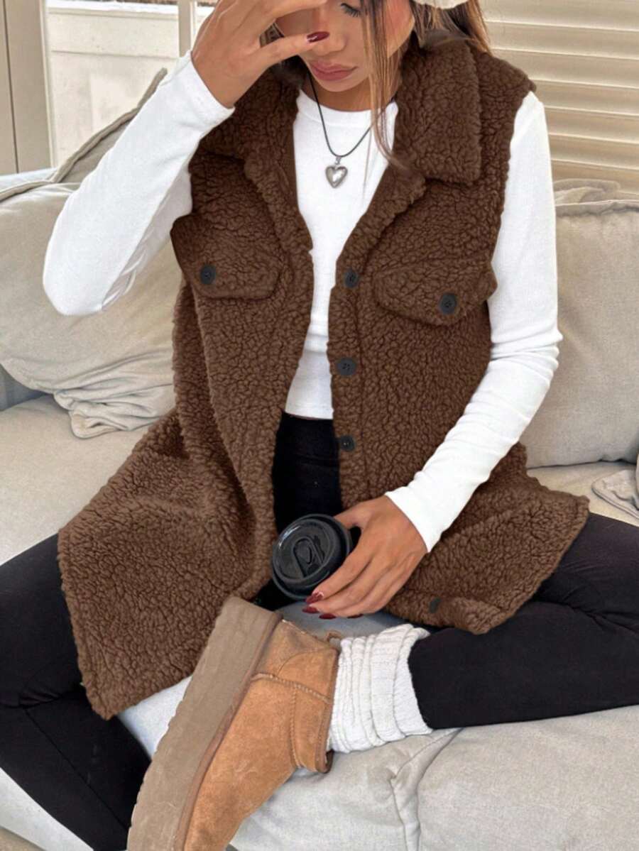Cozy Teddy Sherpa Vest For Women - Longline Button-Up Winter Outerwear Women's Oversized Sherpa Vest - Soft Fleece Sleeveless Jacket (Winter Warm) Teddy Sherpa Sleeveless Coat - Women's Cozy Winter Layering Essential Chic Oversized Sherpa Vest - Women's Soft Fleece Button-Front Winter Top Cozy Teddy Sherpa Vest For Women - Winter Warm Sleeveless Outerwear Women's Soft Fleece Sherpa Vest - Oversized Button-Front Winter Layering Top - 棕色 - 查看 1