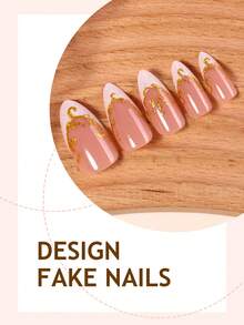 法式金色镀铬亚克力美甲贴片 24 片装，中号杏仁形按压式美甲贴片，Y2K 白色假指甲套装，带闪粉装饰，适用于美甲沙龙、女孩和女士日常佩戴、节日派对和送礼。