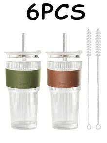 6PCS/4PCS/3PCS/2PCS/1PC Iced Coffee Cups With Lids, High-Quality Juice/Coffee Glass Cups With Lids And Straws, 18oz Vertical Striped Large Capacity Glass Cups, Dust-Proof Lids, Heat-Resistant And Cold-Resistant, Made Of Premium Glass, Suitable For Tea, Iced Coffee, Smoothie, Milkshake, Whiskey, Cocktail, Beer
