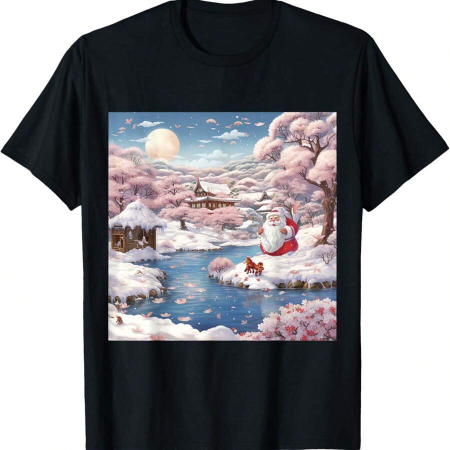 Cute Santa Claus Snow Holiday Pond Cherry Blossom T-Shirt - Negro - Ver 1