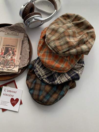 Gorra de periódico estilo retro británico a cuadros, nueva gorra de periódico de gran circunferencia para mujer para primavera/verano, boina versátil, gorra de periódico a cuadros vintage, gorra de pintor unisex, estilo casual de calle