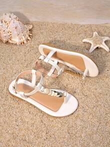1 Pair Girls White Toe-Post Sandals With Metallic Discs | Non-Slip Flat Ankle Strap Shoes | Elegant Summer Footwear For Beach Trips/Casual Wear - Beige - View 6
