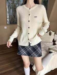 2026 Spring Knitted Sweater With Embroidery & Cable Knit, Sweet & Soft, Versatile Loose Fit Cardigan - Apricot - View 3