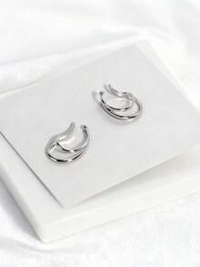 1 Đôi Khuyên Tai Kim Loại Hình Vòng Đôi Tối Giản, Phong Cách Thanh Lịch Đa Năng Dành Cho Phụ Nữ - Bạc - Xem 4