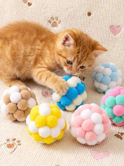 PETSIN Set de 2/4 bolas de juguete con cascabeles para gatos, juguetes para gatos de interior, bolas de juguete interactivas para gatos, bolas de juguete suaves y esponjosas para gatos, pompones de juguete para gatitos para jugar, perseguir, morder y arañar para entrenamiento