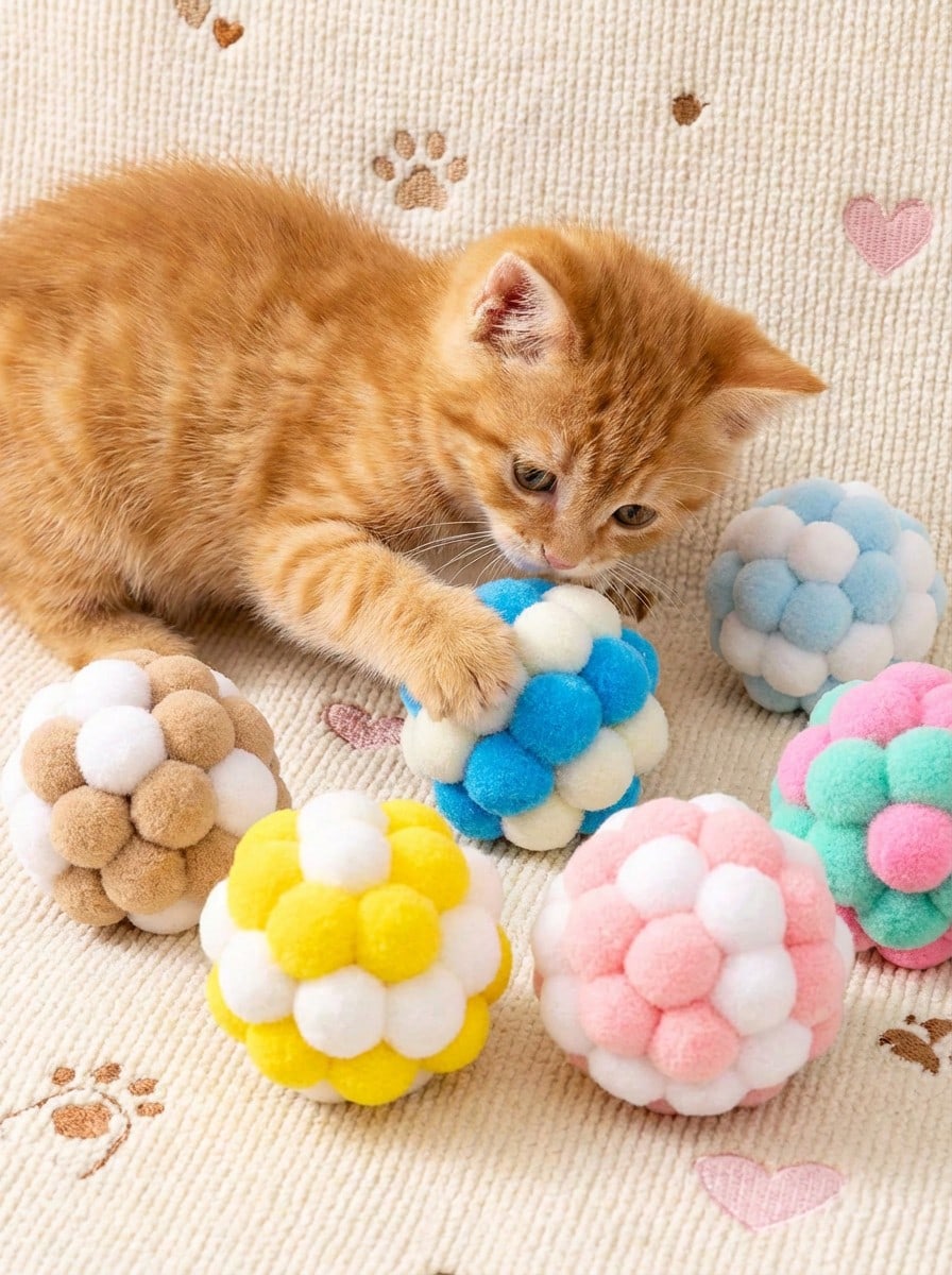 PETSIN 2/4pcs Cat Ball Toy With Bells, Kitten Toys For Indoor Cats, Interactive Cat Ball, Soft Plush Cat Balls Toys, Kitten Toys Pom Balls For Playing Chasing Chewing Scratching Training - Multicolor - View 1