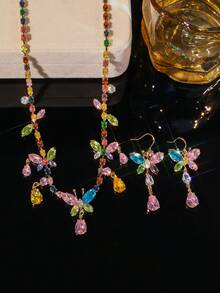 2pcs/Set Rainbow Gradient Gemstone Butterfly Necklace & Earrings Set, Tassel Pendant Choker Necklace, Luxury Jewelry For Date & Casual Wear - Multicolor - View 10
