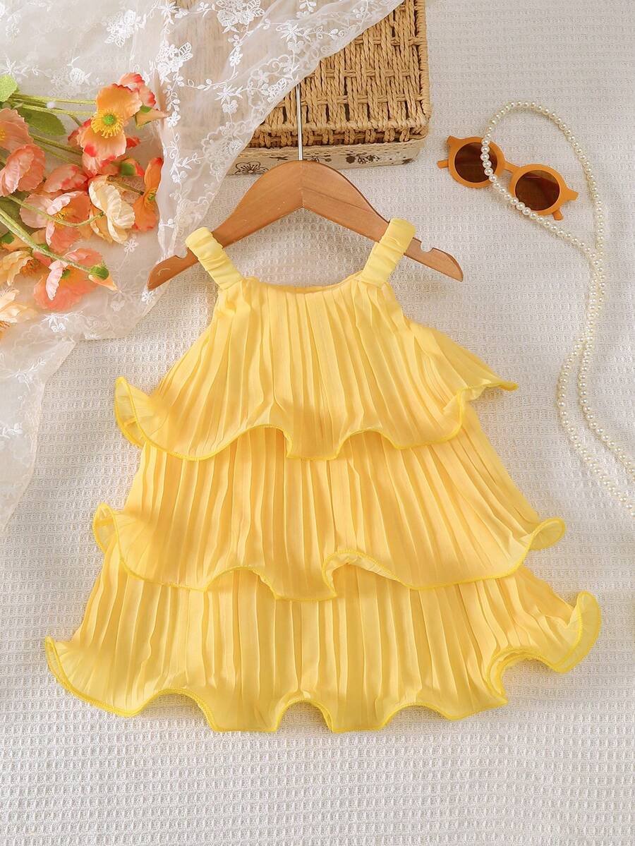 Summer Baby Girls' Sleeveless Ruffle Cake Dress, Solid Color Suspender Design - Yellow - View 1