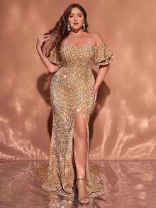 Đầm dạ hội maxi cỡ lớn đính sequin vàng, thiết kế trễ vai, xẻ cao, tay bồng. - Màu be - Xem 3