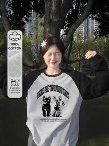 Kaos Wanita Katun Murni Y2K Warna Hitam & Abu-abu Blok Warna Lengan Raglan Motif Kucing Huruf Minimalis Lapisan Dasar Longgar Serbaguna untuk Rumah Sehari-hari, Jalanan, dan Perjalanan Komuter Kerah Bulat Bergaris Unisex untuk Pelajar - Abu-abu gelap - View 3