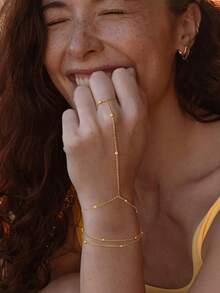 1pc Stainless Steel Full Finger Chain Bracelet, 18K Gold Plated Satellite Chain With Beads Jewelry Accessory - Beaded Necklace - View 2