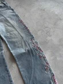 Men's Heavy-Duty Flower-Embroidered Denim Pants, Same Style For Both Men And Women,  High Street Fashion, Straight-Leg, Floor-Length Pants - 藍色 - 查看 5