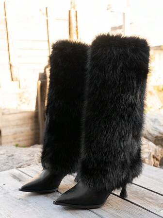 Women's Solid Color Sexy Polyurethane Flock Fashion Boots, Pointed Toe Slim High Heel Thigh High Boots For Holiday, Autumn/Winter