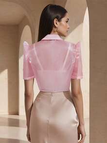 1. Blusa moderna inspirada en Filipinas, Blusa con mangas de mariposa inspirada en Filipinas, Blusa con aplicación de encaje bordado floral, Blusa elegante de mujer con bordado floral y manga abullonada, Chaqueta corta inspirada en Filipinas para mujer, Blusa rosa de moda - Rosa - Ver 2