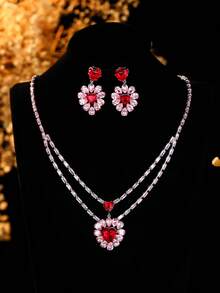 2pcs/Set Rhinestone Heart Pendant Necklace & Earrings Set, Double Layer Choker Necklace + Earrings, Luxury Jewelry For Date & Confession - Multicolor - View 9