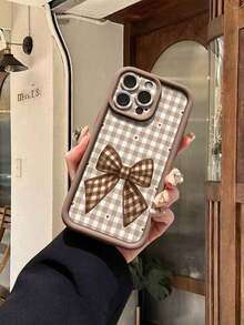 1pc Retro Plaid Pattern Thick Shockproof TPU Protective Phone Case, Minimalist Design Compatible With IPhone 17/16/15/14/13/12, OPPO, Vivo, Redmi, Series - Brown - View 2