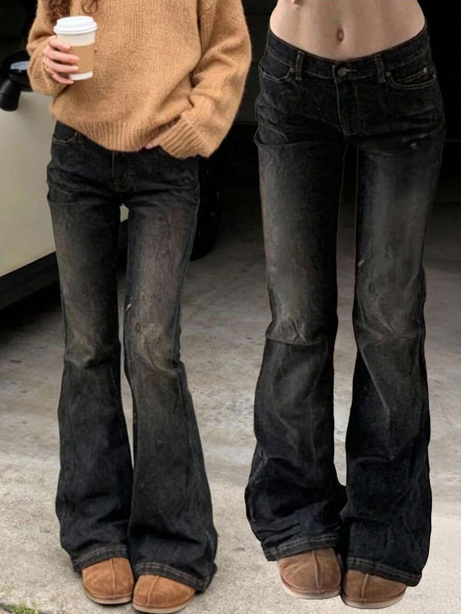 Women Bell Bottom Jeans Stretchy Flare Mid Rise Embroidery Vintage Denim Pants 90s Outfits Y2k Clothes - Black - View 1