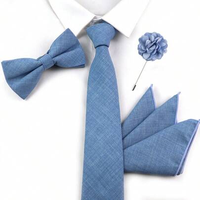 ZONFAZ 男士时尚百搭纯色纹理领带、领结、口袋巾和胸针四件套组合，适合工作、日常穿着、婚礼、庆典、演出和派对等场合。