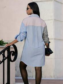 Robe élégante à manches longues, col chemise, poche, style de rue, mode printemps femme, style décontracté, rayures, color-block, patchwork - Rose et gris - Voir 4