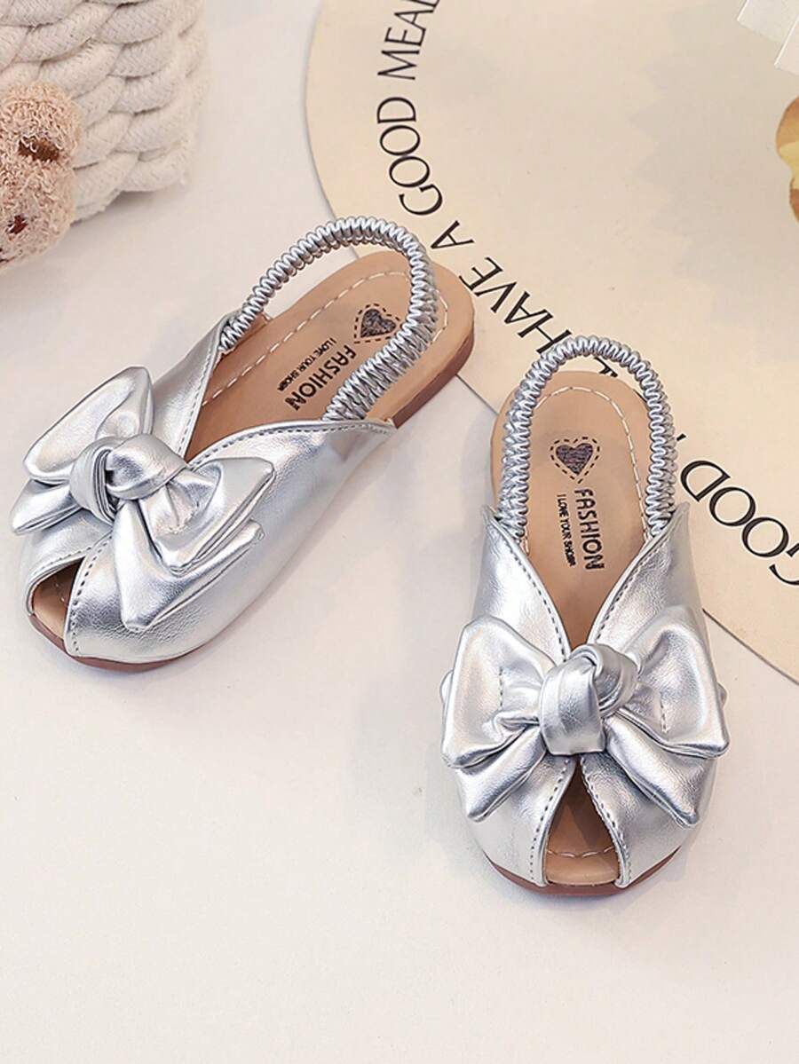 Sweet Bow Tie Kids Peep-Toe Slippers, Girls Elastic Band Soft Bottom Sandals, Fashionable Princess Style Baby Casual Shoes - Silver - View 1