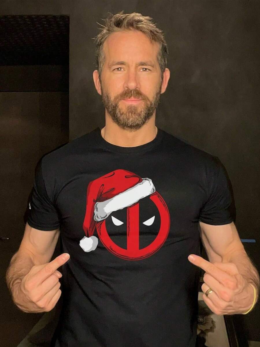 Retro T-Shirt,Deadpool T-Shirt Christmas Hat Funny Movie Themed Men's T Shirt Unisex Top, Halloween, Christmas, Bi - 黑色 - 查看 1