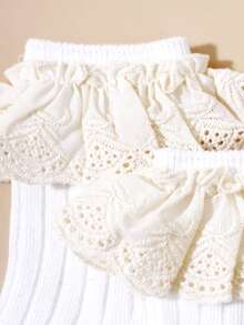 3双女童白色亚麻蕾丝边袜子，西班牙风格甜美淑女舞蹈袜，婴儿袜 - 白色 - 查看 3