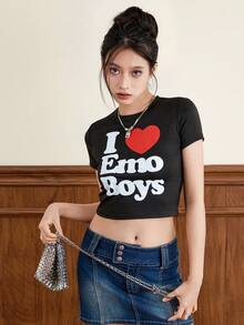 Women Valentine's Day T-Shirt, Crew Neck Short Sleeve Letters Heart Print Summer Tops For Casual Daily - Black - View 3