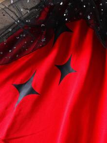 Young Girl' Contrast Mesh Shawl Strap Mesh Dress, Spring/Summer - Red and Black - View 5