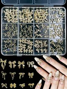 1 Hộp Phụ Kiện Trang Trí Móng Tay 3D Vàng Hỗn Hợp Ngẫu Nhiên, Nơ Hợp Kim Kiểu Y2K, Ruy Băng Kim Loại, Đá Đính Móng Tay Dẹt Phong Cách Gothic, Phụ Kiện Tự Làm Móng Tay, Vật Tư Làm Móng - Vàng - Xem 2
