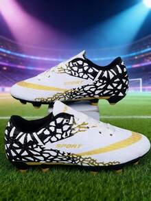 All-Season Football/Soccer Shoes, For Teenagers, Campus Students, Sports, Football Training, Football Match, Long Studs Anti-Slip (Asymmetrical Camouflage Pattern On Shoe Upper, Asymmetrical Tongue) - White - View 4