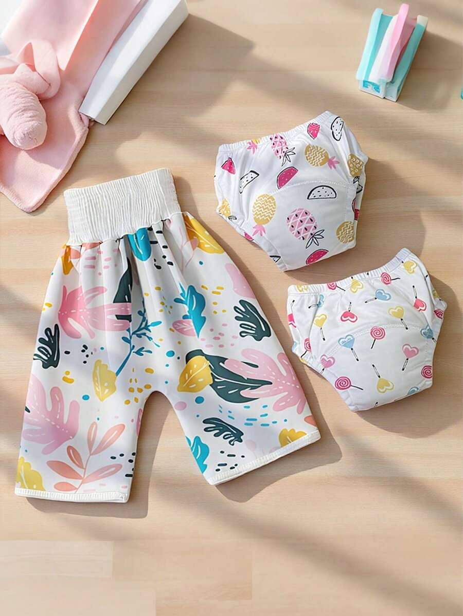 3pcs Set (Waterproof Diaper + Potty Training Pants) Adorable Design Training Pants, Unisex Baby, Leak-Proof, Washable, Suitable For Potty Training, All Seasons, Great Gift For Baby Shower, Birthday