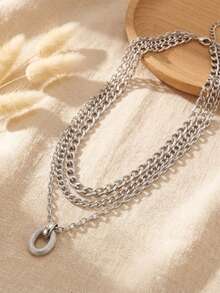 1pc Geometric Oval Pendant With Thick Aluminum Chain Necklace, Women Jewelry Set, Suitable For Daily, Festival, Party Wear, Best Gift Choice - Silver - View 2