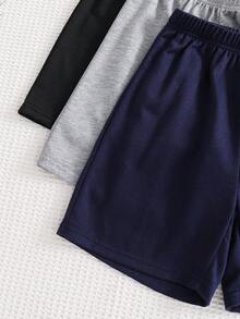 Bộ 3 quần short cơ bản màu trơn cạp chun cho bé trai, quần short dài đến đầu gối in chữ đa năng hàng ngày cho trẻ em, màu xanh navy, xám nhạt, đen, phù hợp cho thanh thiếu niên, phong cách thường ngày, thể thao, ngoài trời, du lịch, đường phố. - Nhiều màu - Xem 5
