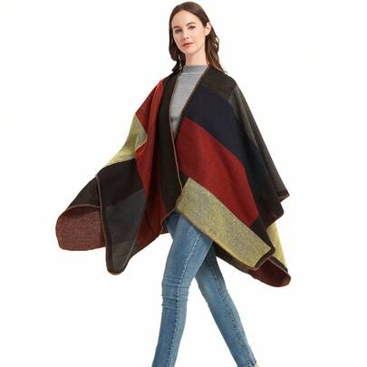New Women's Autumn/Winter Warm Cloak With Slit, Faux Cashmere Shawl