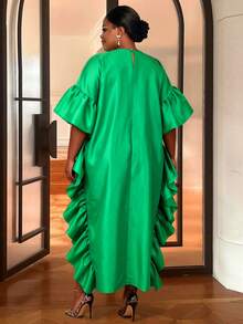 African Style Maxi Dress, Ruffle Flare Sleeves, Round Neck, Woven Fabric, Suitable For Special Occasions - Green - View 2