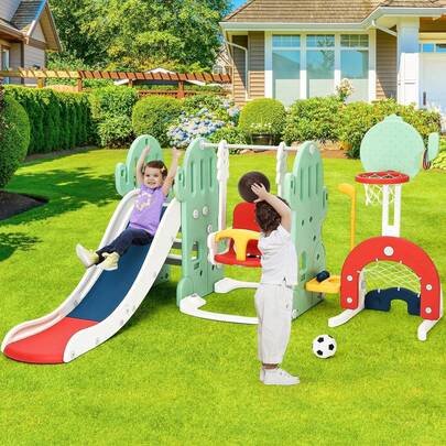 Juego de juegos multifunción independiente: tobogán infantil con columpio, aro de baloncesto, accesorios deportivos y estructura robusta para una diversión versátil en interiores y exteriores, verde