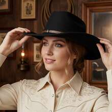 Western Style Cowgirl Cap Stylish Pentagram Leather Belt Decorated Wide Brimmed Fedora Hat For Men Women Outdoor Wear - màu đen - Xem 4