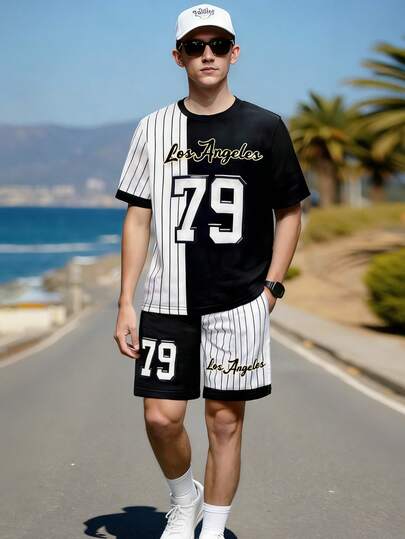 2pcs/Set Teen Boy Summer Short Sleeve T-Shirt And Shorts, Striped & Solid Color Block, Numeric & Letter Print, Retro Sports Vibe, Loose Fit, Comfortable And