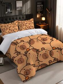 3pcs Charming Cute Capybara Cartoon Pattern Duvet Cover Set (1*Duvet Cover + 2*Pillowcase, Without Core), Soft & Skin-Friendly, Soothing Visual Fatigue,Suitable For All Seasons, Zipper Closure, Suitable For Hotel, Bedroom, Guest Room And Dormitory Decoration Bedding, And Easy Care,Chic, Lightweight, Breathable, And Easy Care,Fashion Modern Simple - Multicolor - View 20