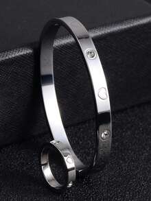 2pcs Stainless Steel Fashion Bracelet Set, High-Quality Heart Diamond Bracelet & Ring Set, 1 Bracelet + 1 Ring, Suitable For Girls, Boys, Daily Wear, Parties, Music Festivals, Great Gift For Girlfriend, Sister, Mom On New Year, Holiday, Wedding Anniversary - Silver - View 15