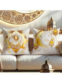 4件套金色斋月灯笼和新月图案枕套（不含枕芯），阿拉伯风格星形图案沙发靠垫套