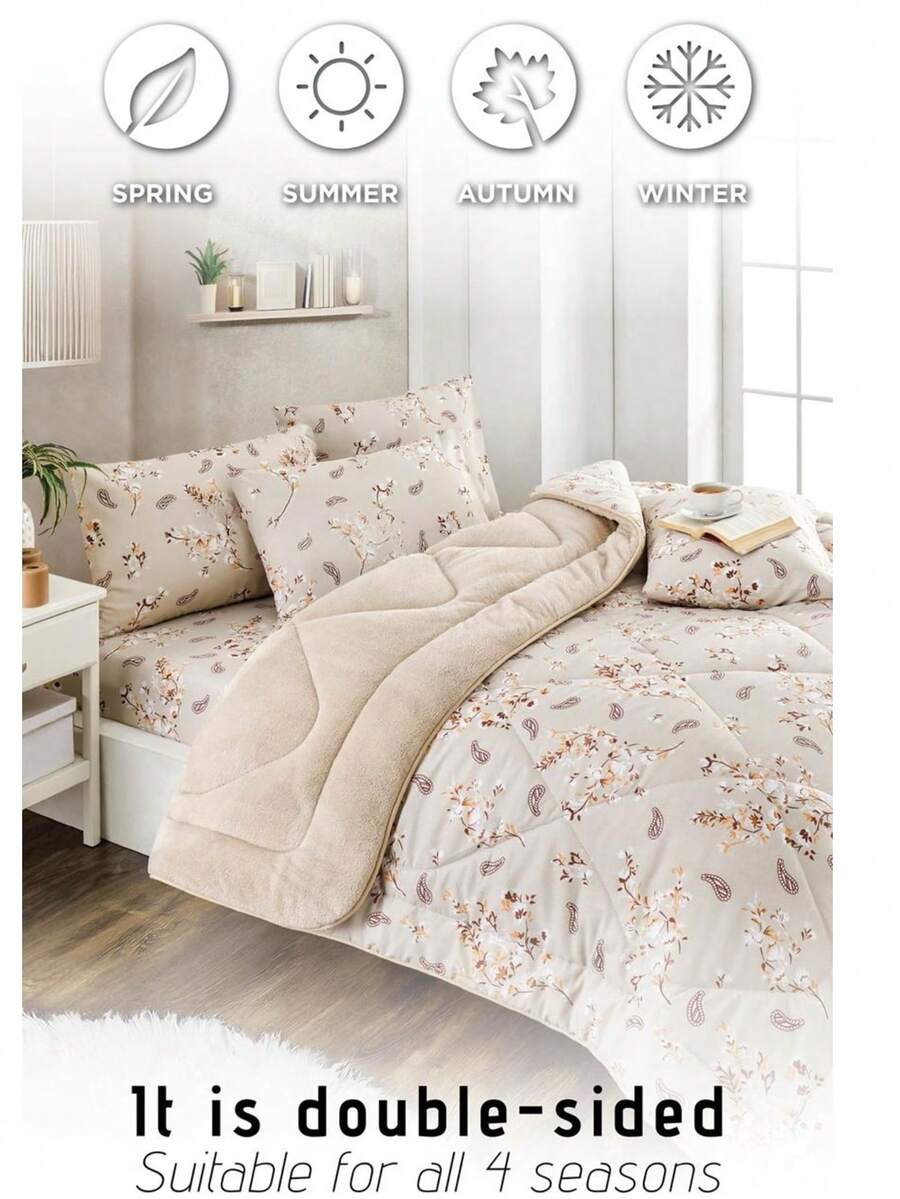 土耳其制造 - 四季可翻转被套 - 155x215 厘米 & 200x220 厘米 - 双面轻质棉布 & 保暖柔软面料 - 含装饰枕套 - 米色 - 查看 1