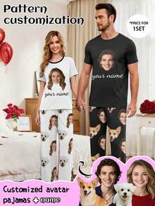 Printstory Customized Men's Short Sleeve Pajama Set, Gift For Family And Friends, Custom Face Pajamas - Black - View 1