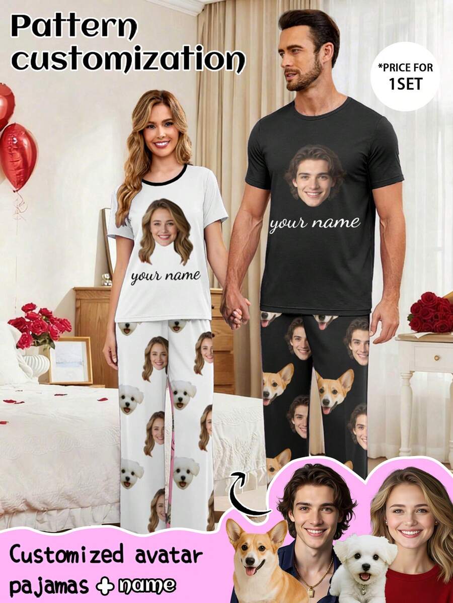 Printstory Customized Men's Short Sleeve Pajama Set, Gift For Family And Friends, Custom Face Pajamas - Black - View 1